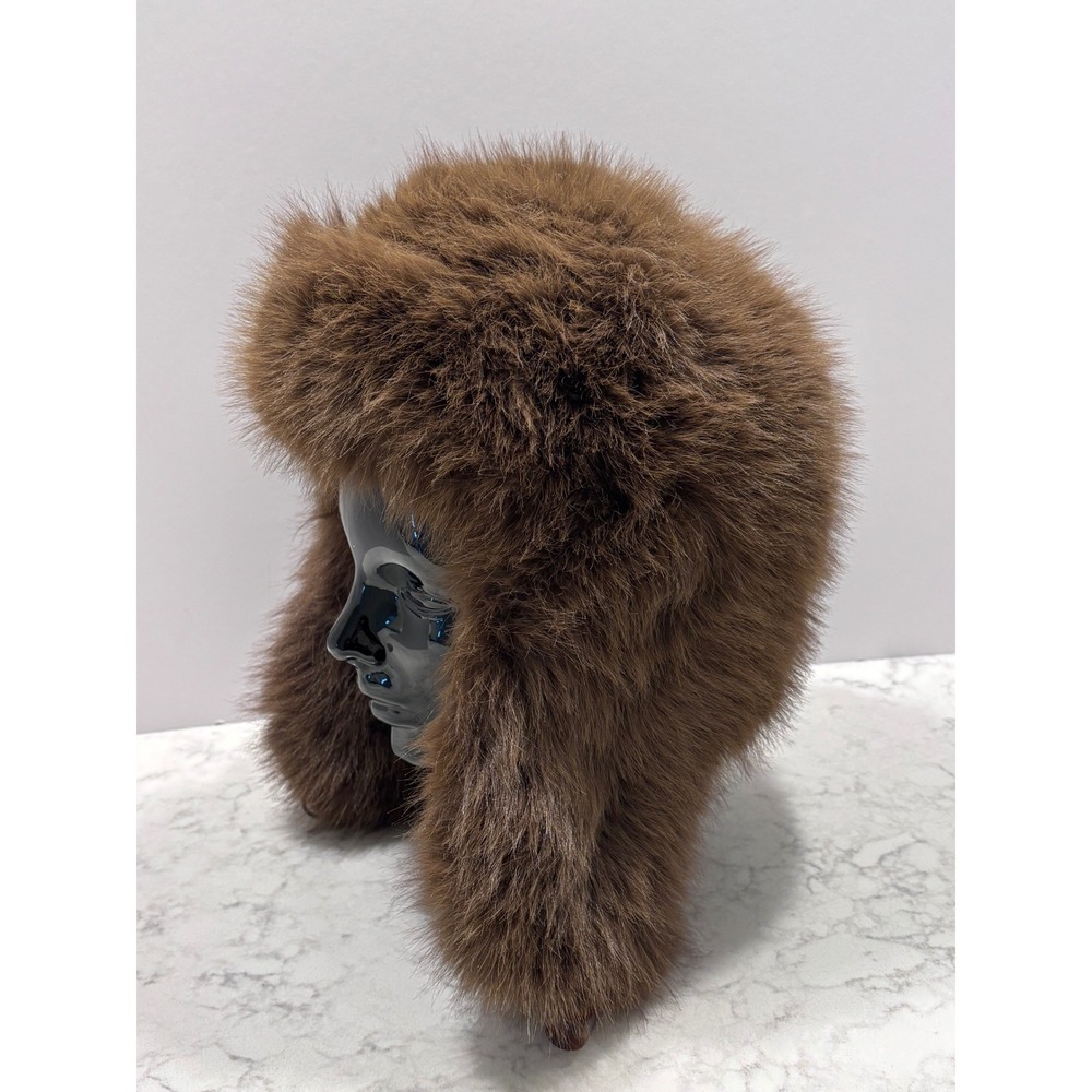 Vintage Brown Faux Fur Trapper Hat Women Ear Flaps‎ Quilted Lining Toggle Button